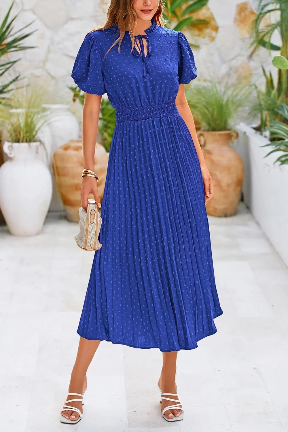 PRETTYGARDEN Womens Summer Midi Dresses Puff Short Sleeve V Neck Swiss Dot Pleated A Line Flowy Long Wedding Guest Dress