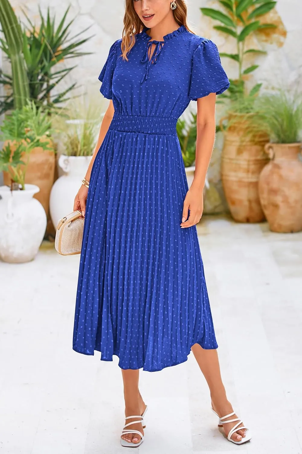 PRETTYGARDEN Womens Summer Midi Dresses Puff Short Sleeve V Neck Swiss Dot Pleated A Line Flowy Long Wedding Guest Dress