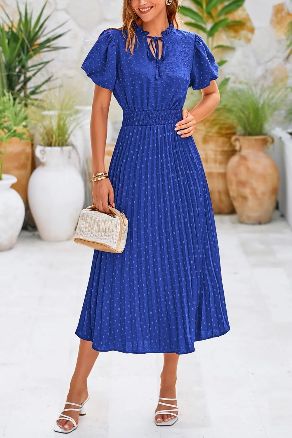 PRETTYGARDEN Womens Summer Midi Dresses Puff Short Sleeve V Neck Swiss Dot Pleated A Line Flowy Long Wedding Guest Dress