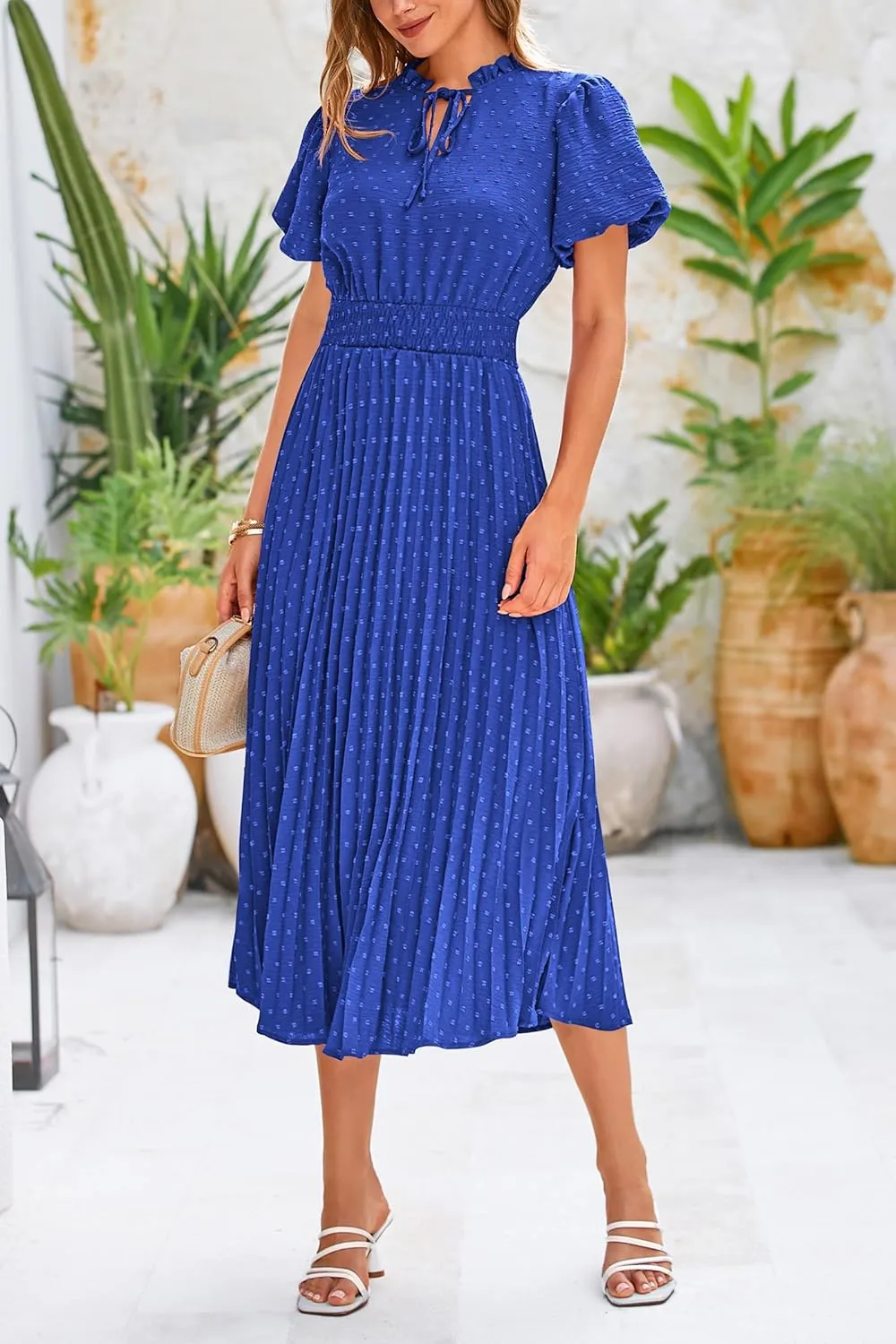 PRETTYGARDEN Womens Summer Midi Dresses Puff Short Sleeve V Neck Swiss Dot Pleated A Line Flowy Long Wedding Guest Dress