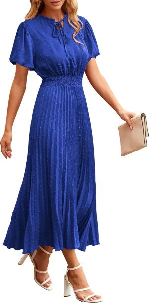 PRETTYGARDEN Womens Summer Midi Dresses Puff Short Sleeve V Neck Swiss Dot Pleated A Line Flowy Long Wedding Guest Dress