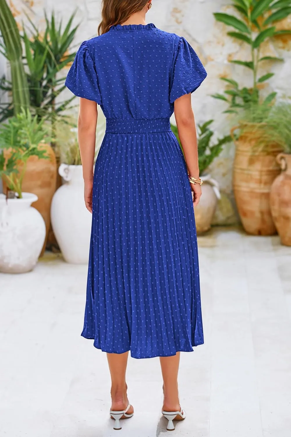 PRETTYGARDEN Womens Summer Midi Dresses Puff Short Sleeve V Neck Swiss Dot Pleated A Line Flowy Long Wedding Guest Dress