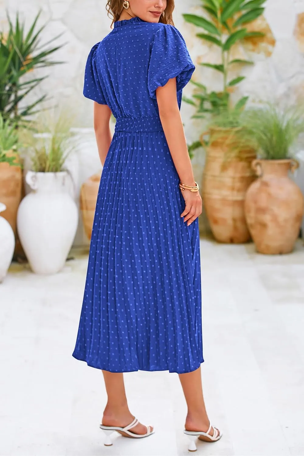 PRETTYGARDEN Womens Summer Midi Dresses Puff Short Sleeve V Neck Swiss Dot Pleated A Line Flowy Long Wedding Guest Dress
