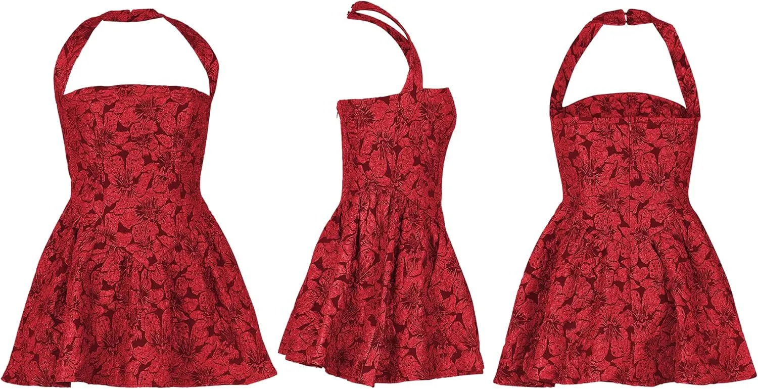 Ptorlio Sexy Mini Halter Dresses for Women Birthday Graduation Club Backless A-line Floral Ruffle Dress