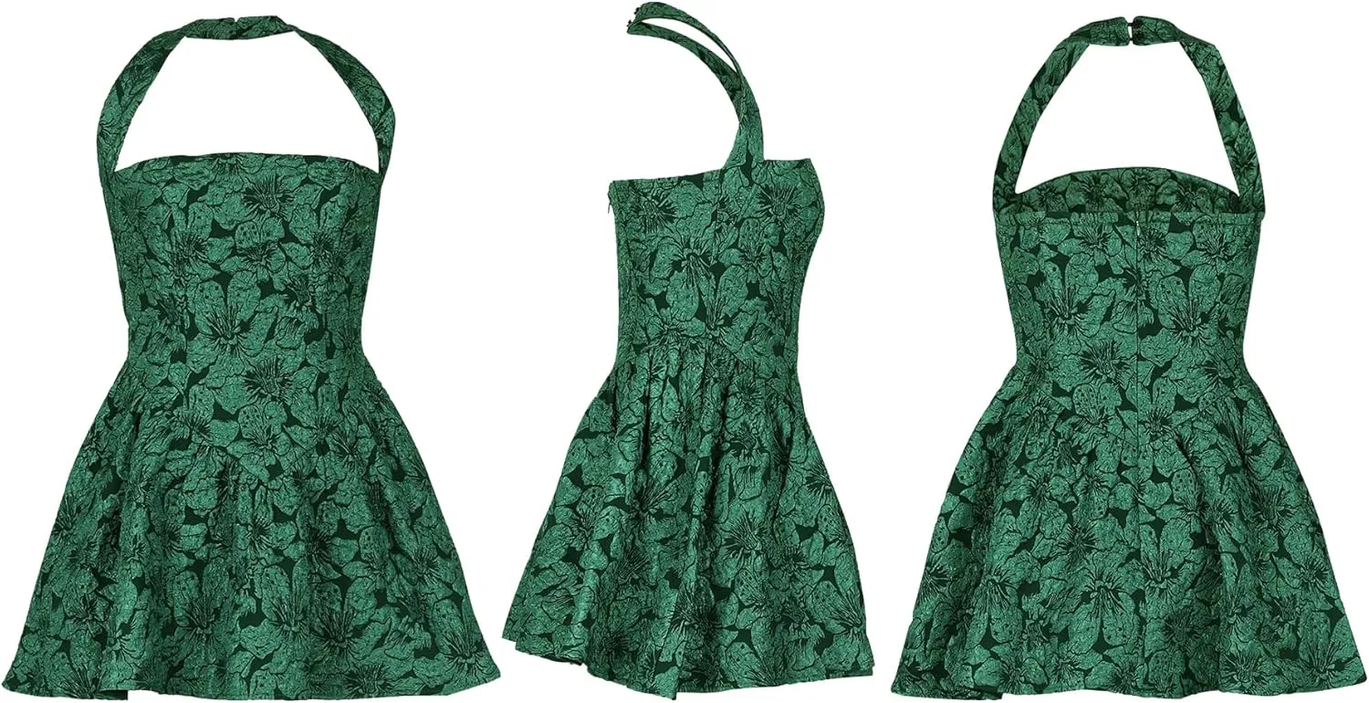 Ptorlio Sexy Mini Halter Dresses for Women Birthday Graduation Club Backless A-line Floral Ruffle Dress