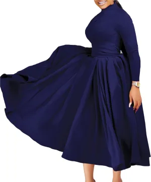 Ptorlio Women's Long Sleeve Dress Spring Pleated Casual Cocktail Maxi Dresses