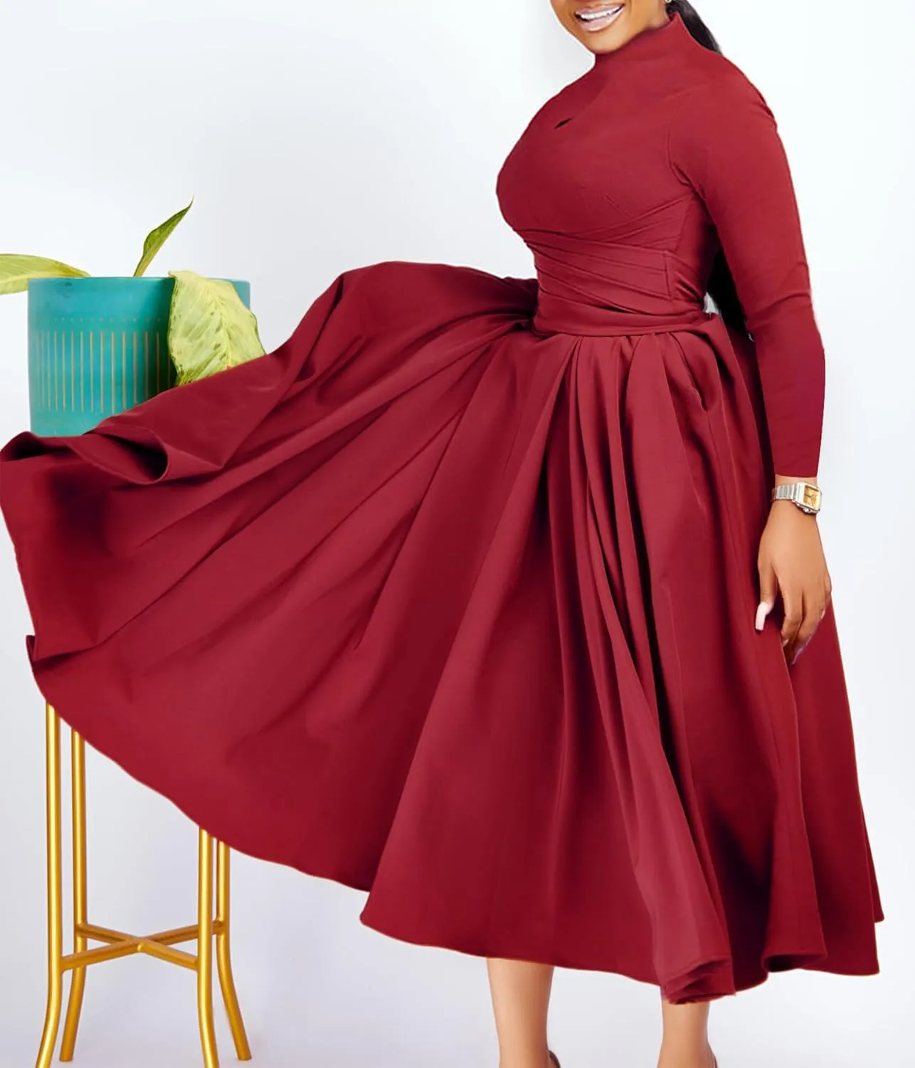 Ptorlio Women's Long Sleeve Dress Spring Pleated Casual Cocktail Maxi Dresses
