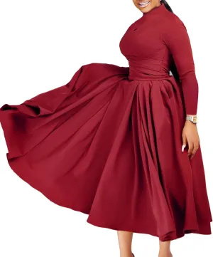 Ptorlio Women's Long Sleeve Dress Spring Pleated Casual Cocktail Maxi Dresses