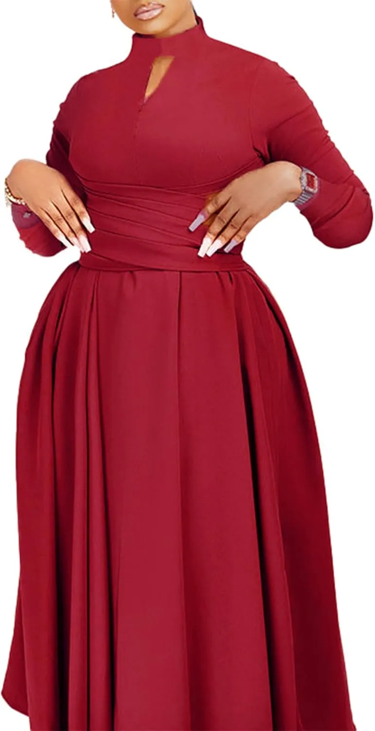 Ptorlio Women's Long Sleeve Dress Spring Pleated Casual Cocktail Maxi Dresses