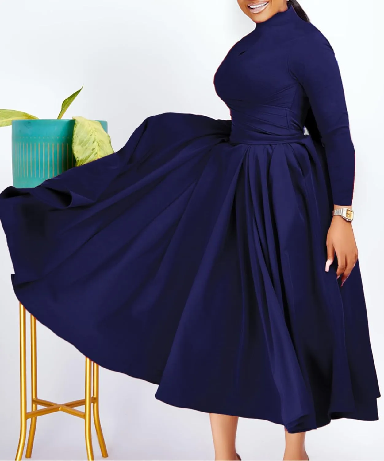 Ptorlio Women's Long Sleeve Dress Spring Pleated Casual Cocktail Maxi Dresses
