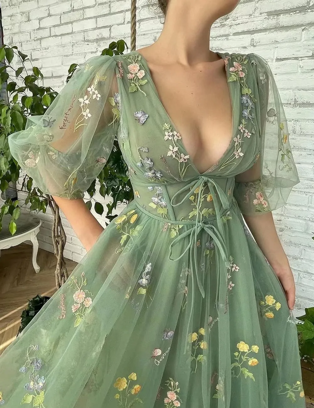 Puffy Sleeve Fairy Prom Dresses 2025 Flower Embroidery Tulles Formal Party Gowns Flower Ball Gown for Women RO011
