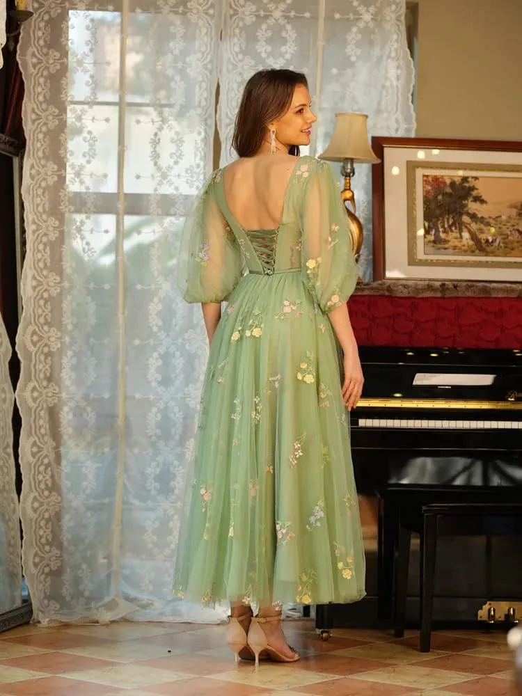 Puffy Sleeve Fairy Prom Dresses 2025 Flower Embroidery Tulles Formal Party Gowns Flower Ball Gown for Women RO011