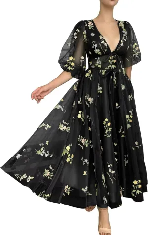 Puffy Sleeve Fairy Prom Dresses 2025 Flower Embroidery Tulles Formal Party Gowns Flower Ball Gown for Women RO011