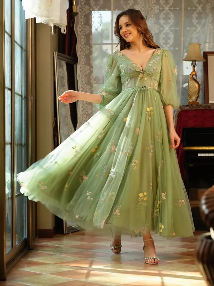 Puffy Sleeve Fairy Prom Dresses 2025 Flower Embroidery Tulles Formal Party Gowns Flower Ball Gown for Women RO011