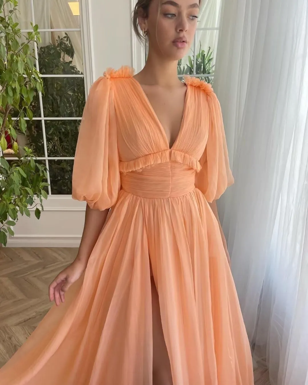 Puffy Sleeve Prom Dresses for Women A Line V Neck Formal Dresses with Slit Chiffon Long Evening Party Gown CR16
