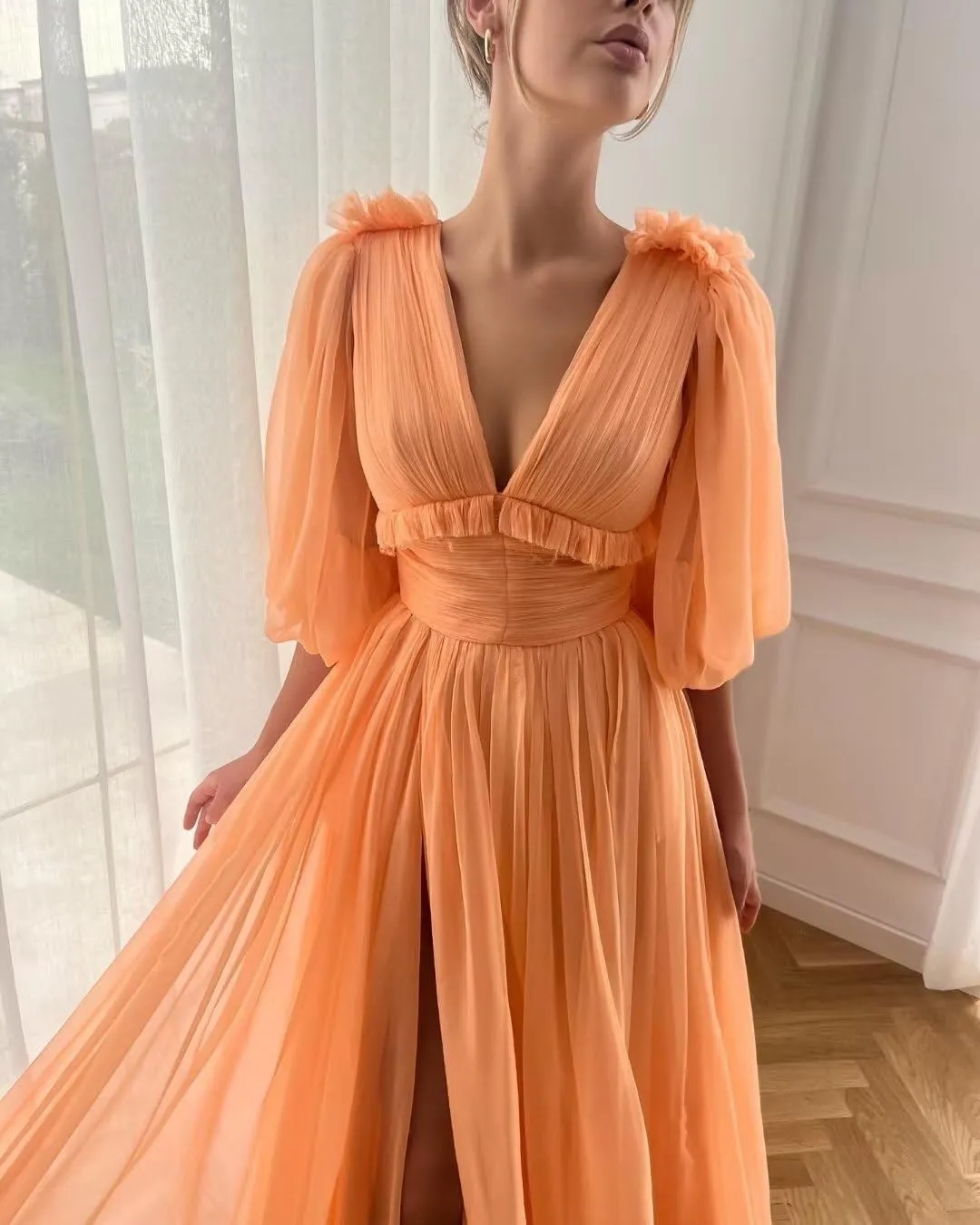 Puffy Sleeve Prom Dresses for Women A Line V Neck Formal Dresses with Slit Chiffon Long Evening Party Gown CR16