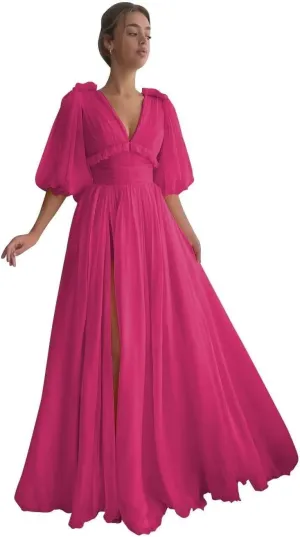 Puffy Sleeve Prom Dresses for Women A Line V Neck Formal Dresses with Slit Chiffon Long Evening Party Gown CR16