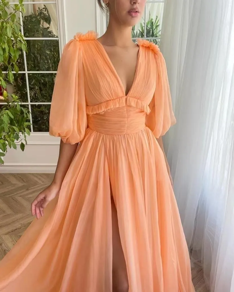 Puffy Sleeve Prom Dresses for Women A Line V Neck Formal Dresses with Slit Chiffon Long Evening Party Gown CR16
