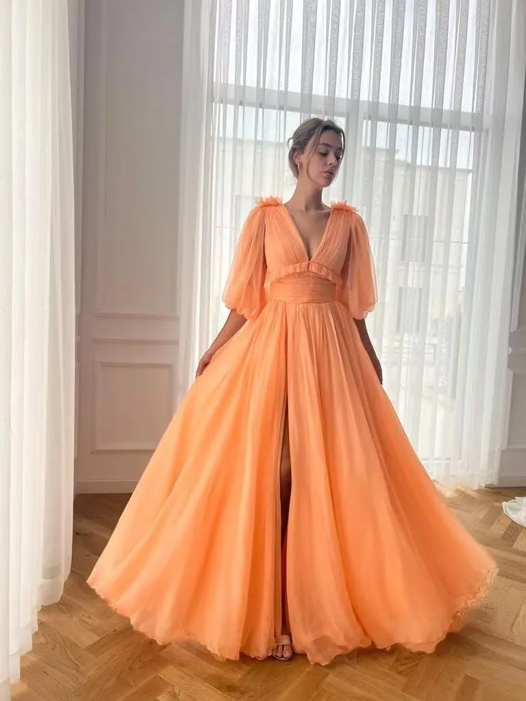 Puffy Sleeve Prom Dresses for Women A Line V Neck Formal Dresses with Slit Chiffon Long Evening Party Gown CR16