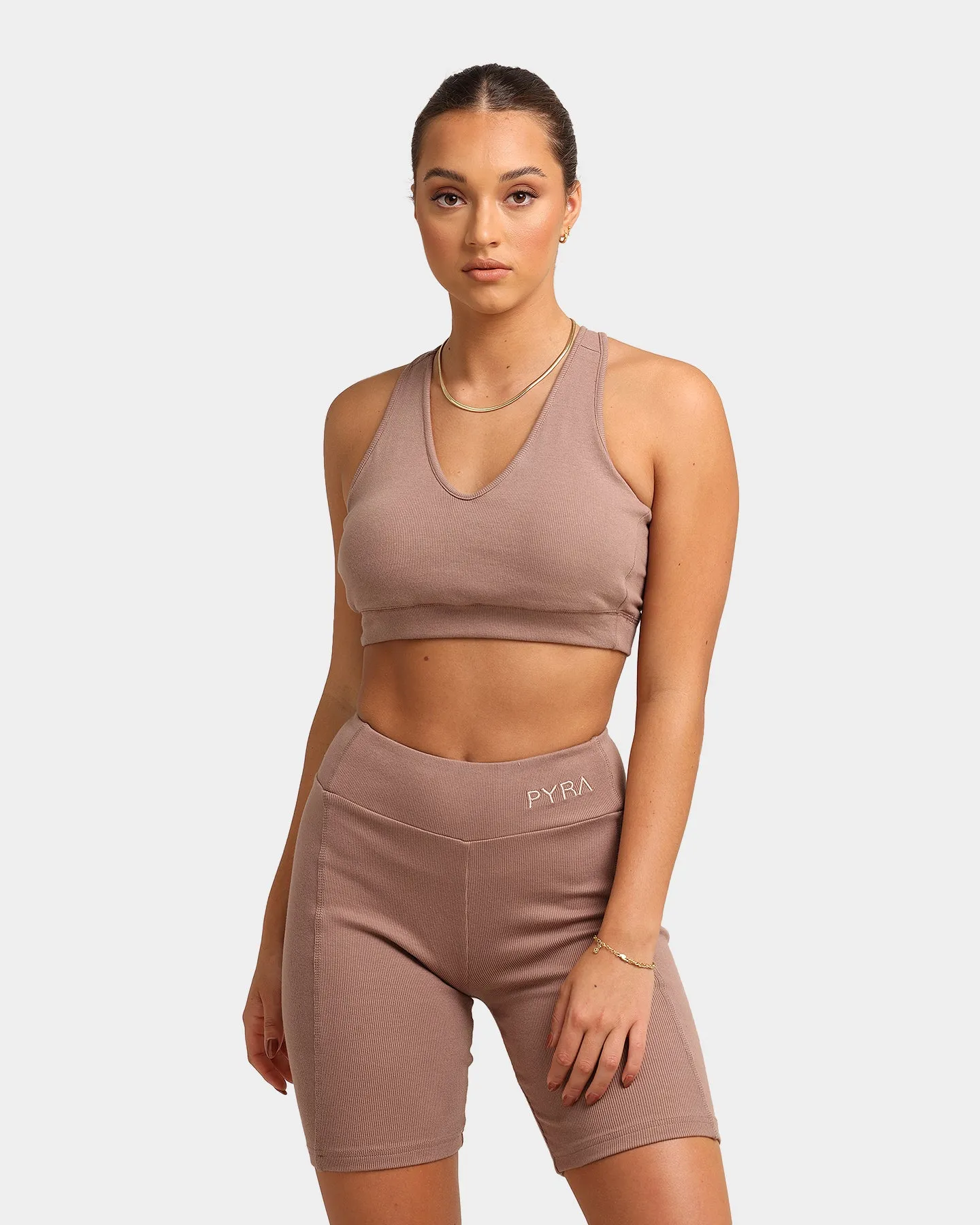PYRA Women's Ribbed Sports Crop Taupe