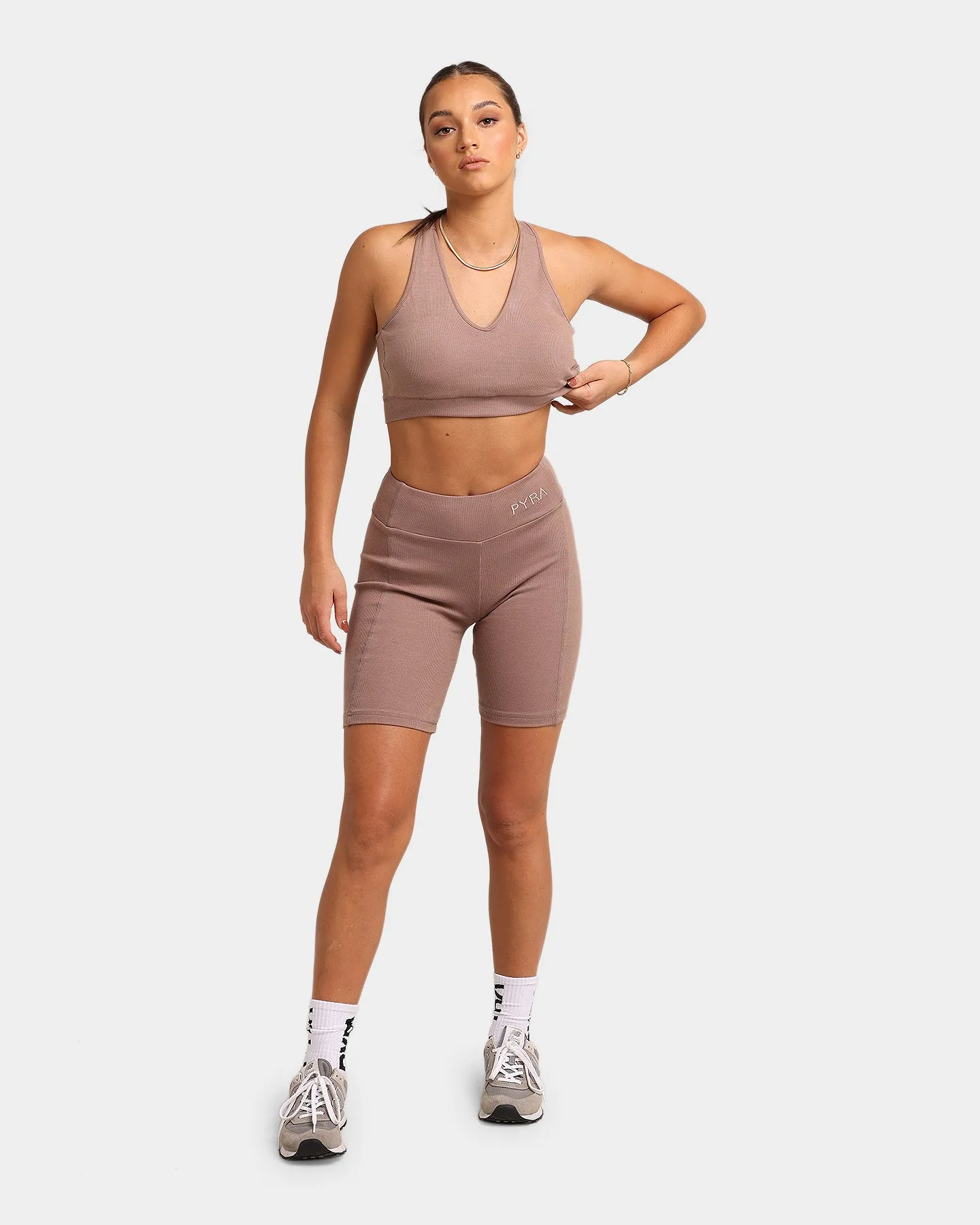 PYRA Women's Ribbed Sports Crop Taupe