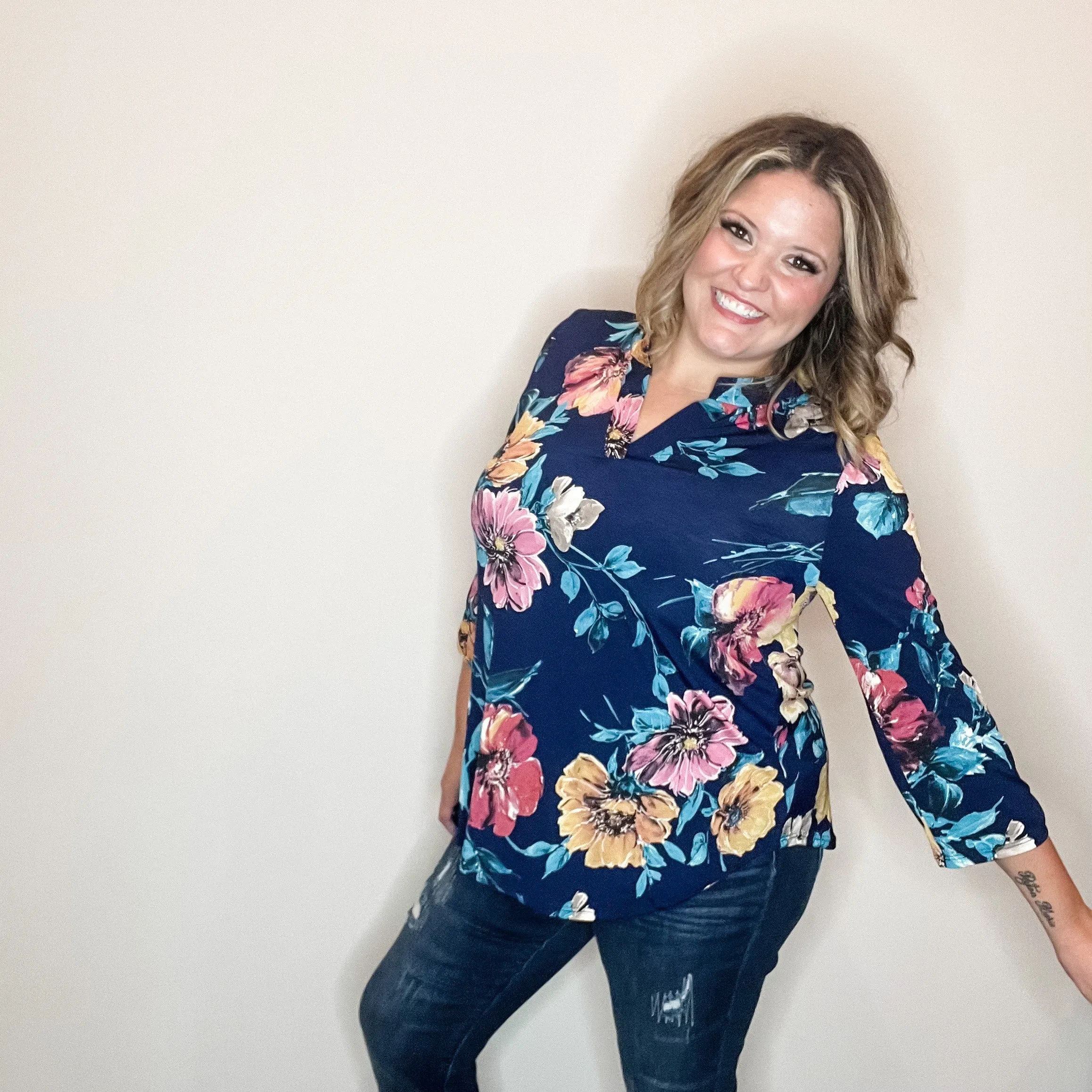 "Burn It Down" Floral Lizzy 3/4 Sleeve Split Neck