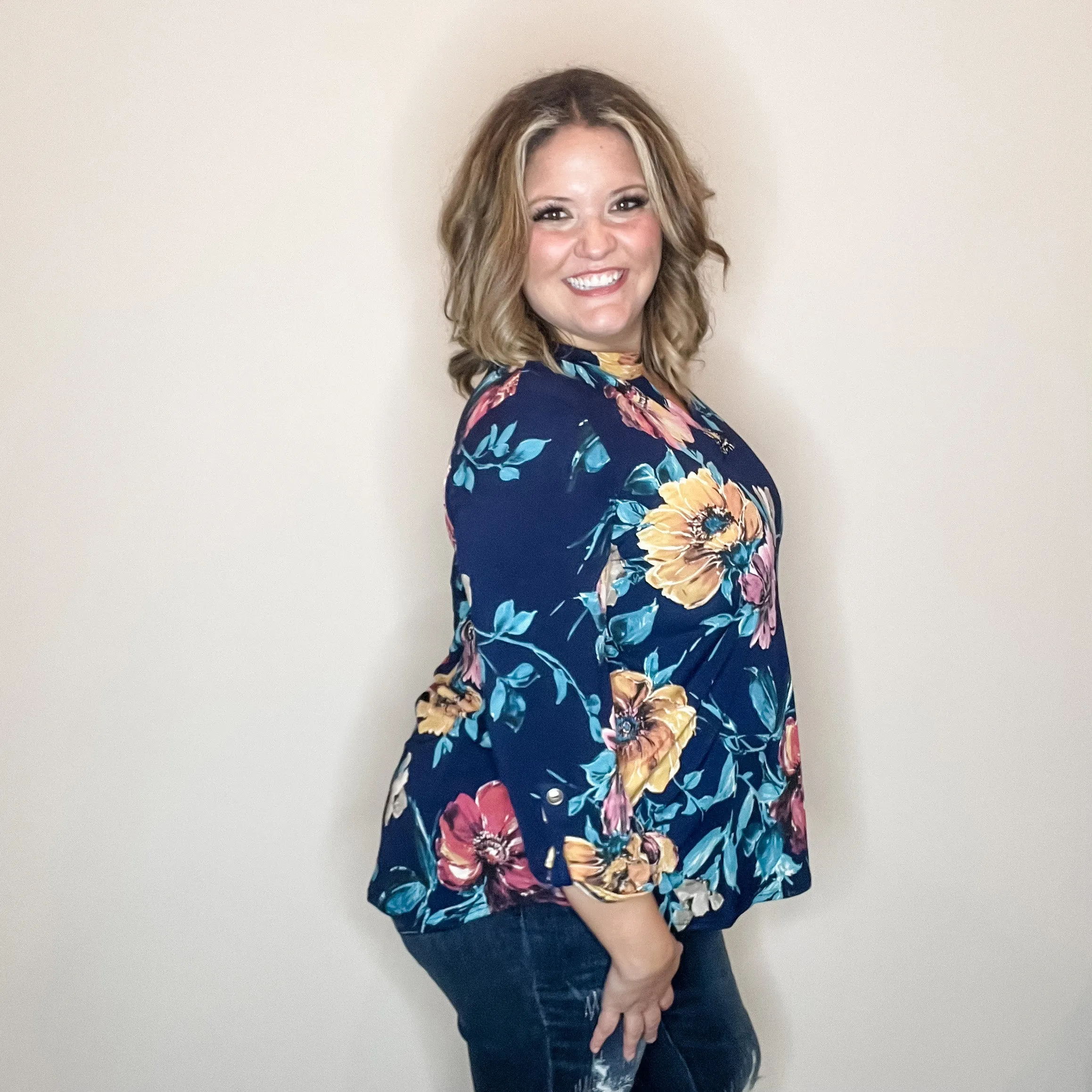 "Burn It Down" Floral Lizzy 3/4 Sleeve Split Neck
