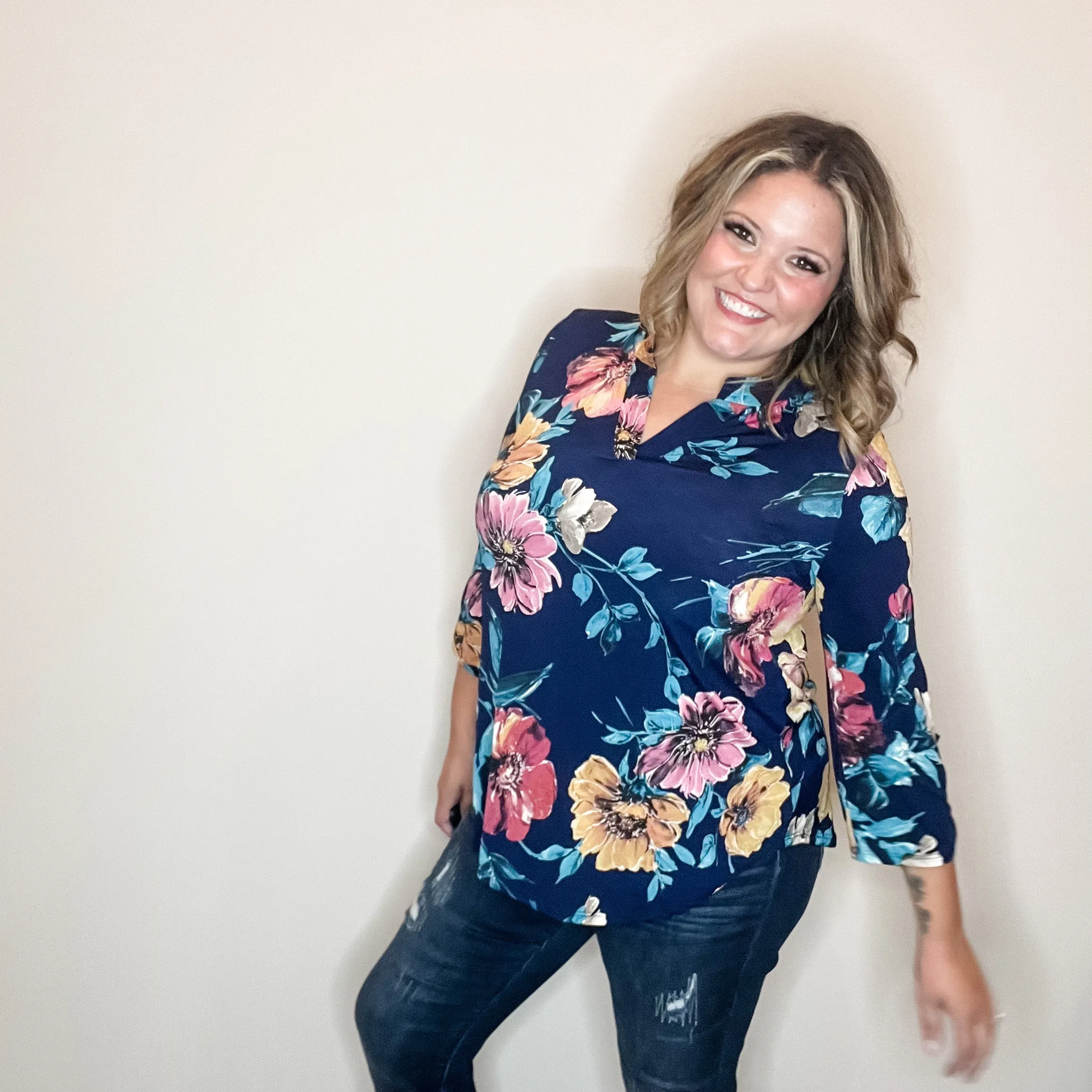 "Burn It Down" Floral Lizzy 3/4 Sleeve Split Neck
