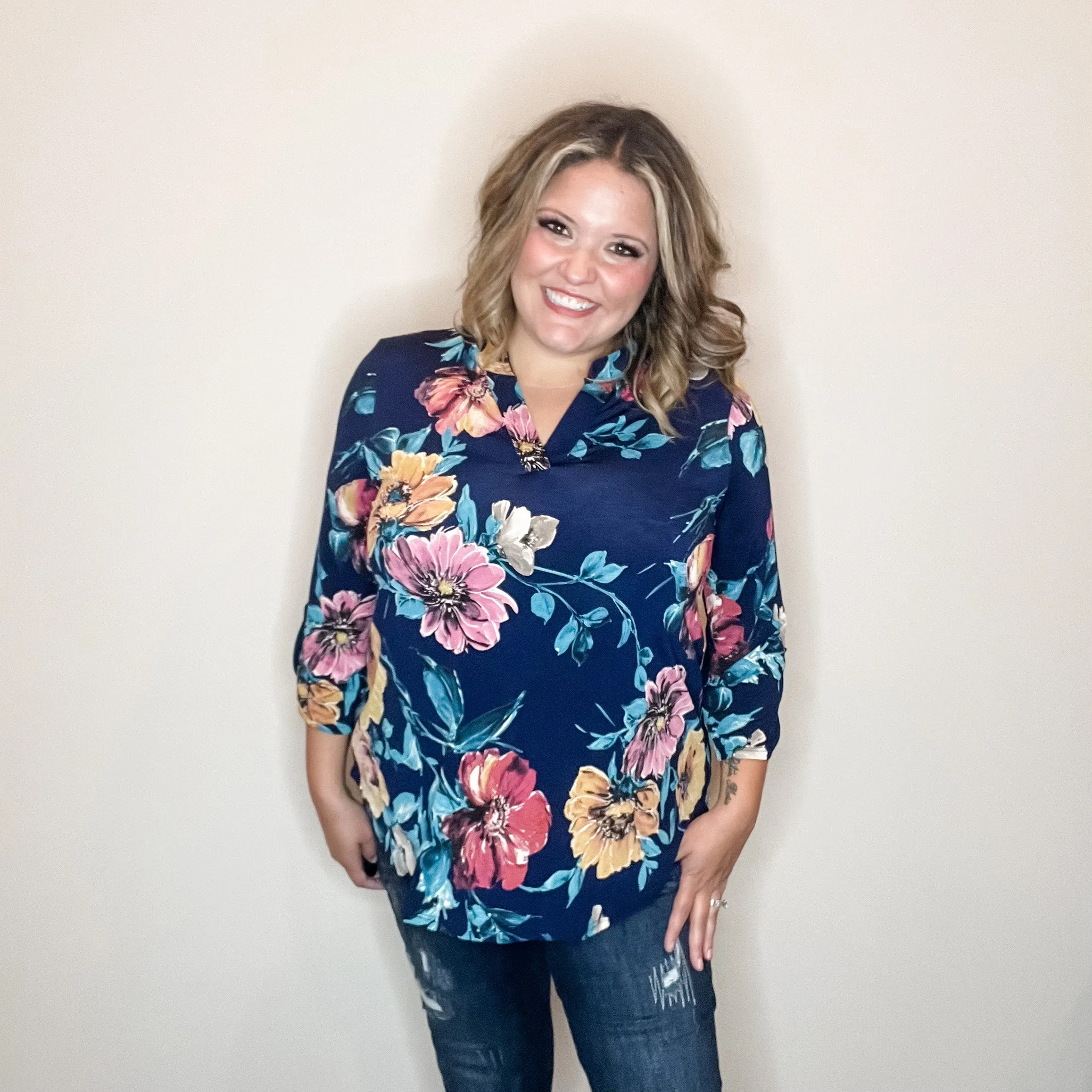 "Burn It Down" Floral Lizzy 3/4 Sleeve Split Neck
