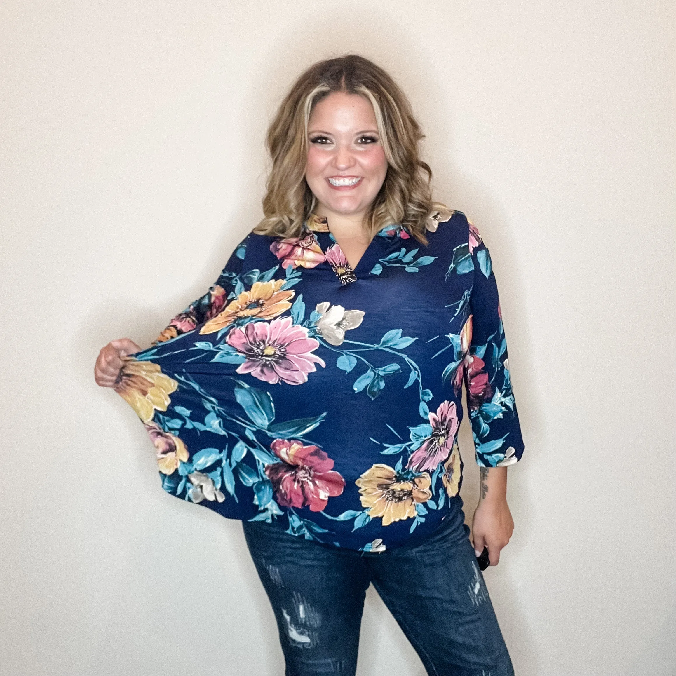"Burn It Down" Floral Lizzy 3/4 Sleeve Split Neck