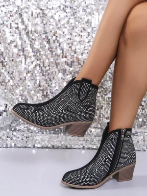 Rhinestone Pointed Toe Block Heel Boots