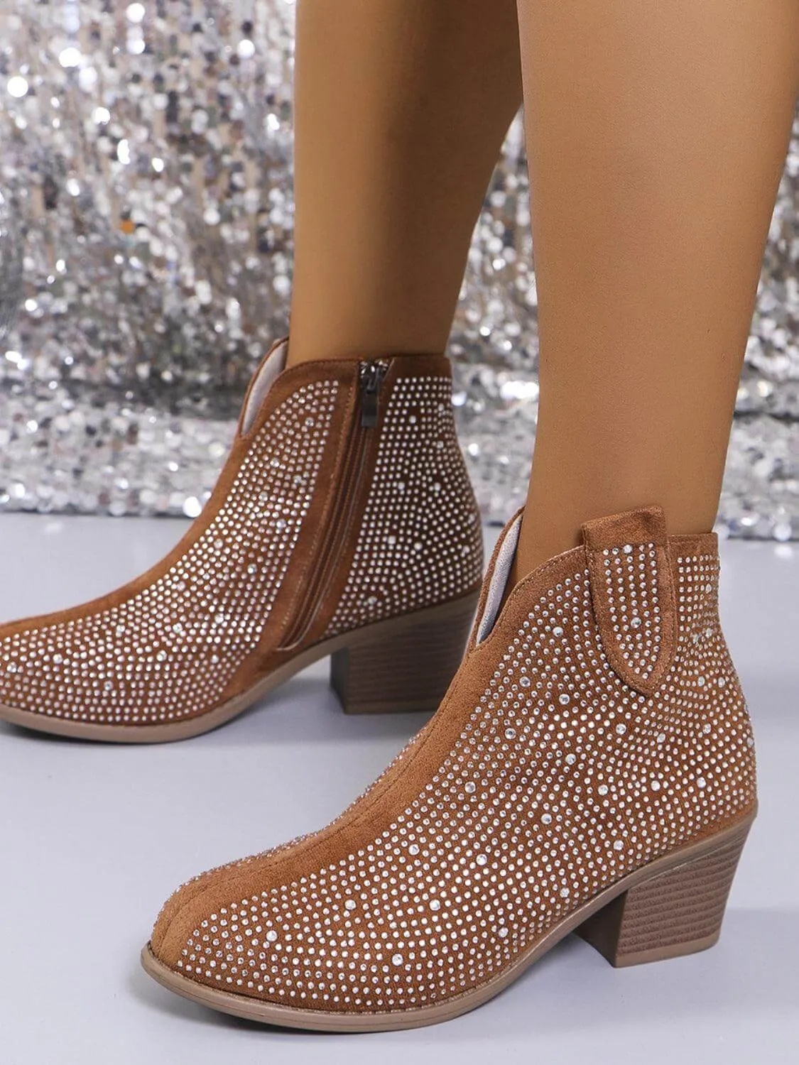 Rhinestone Pointed Toe Block Heel Boots