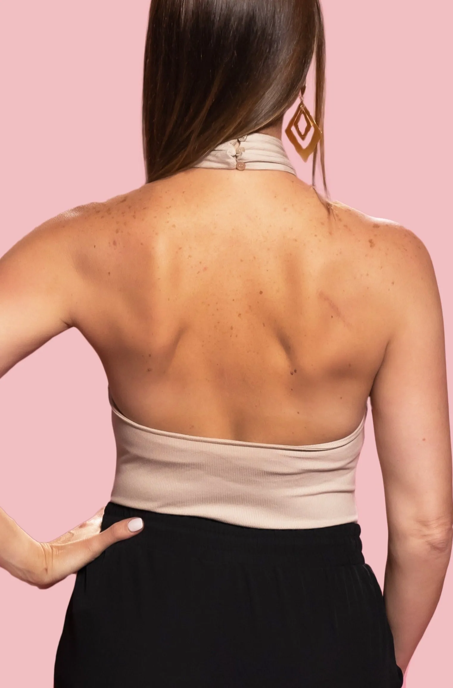 RIBBED CRISSCROSS HALTER BODYSUIT