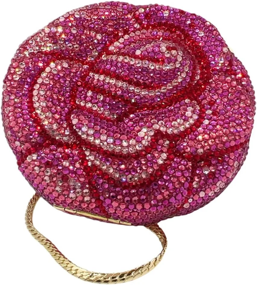RomanticDesign Women 3D Rose Flower Crystal Evening Clutch Elegant Rhinestone Bride Purse Party Prom Wedding Handbag