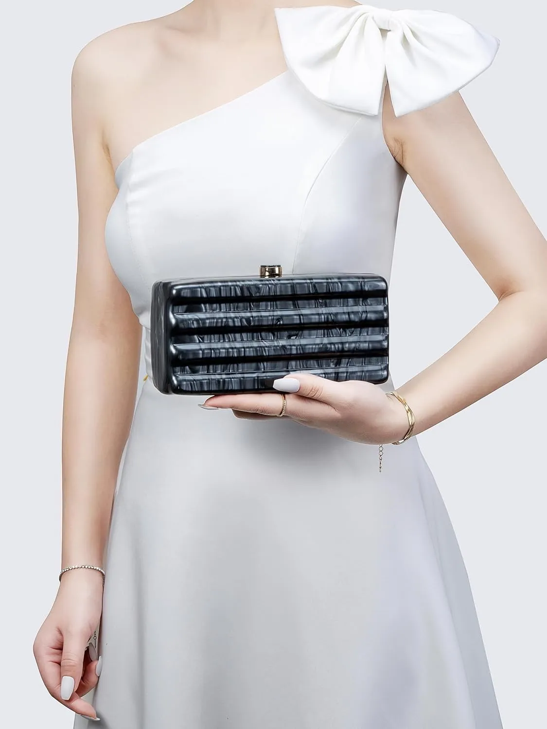 RomanticDesign Women Acrylic Evening Clutch Purse Glitter Marbling Handbag with Pearl Chain for Wedding Cocktail Party