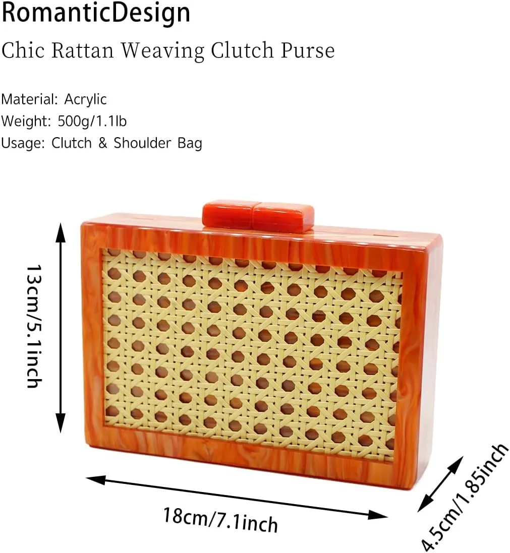 RomanticDesign Women Acrylic Handbag Rattan Woven Pattern Square Box Crossbody Handbag Shoulder Bag Chain Purse