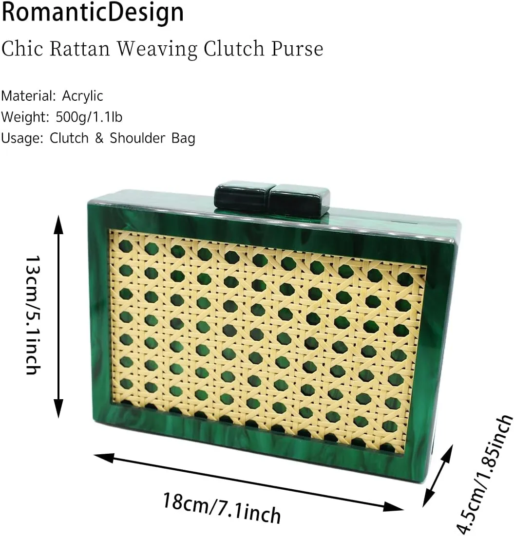 RomanticDesign Women Acrylic Handbag Rattan Woven Pattern Square Box Crossbody Handbag Shoulder Bag Chain Purse