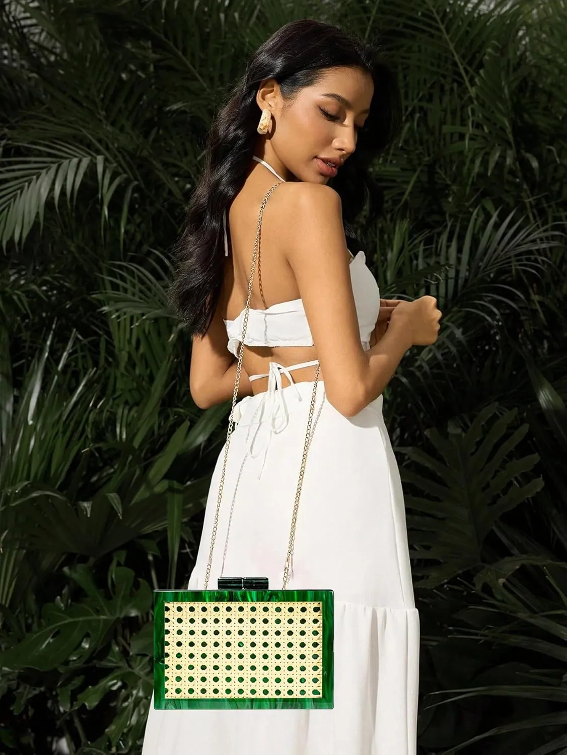 RomanticDesign Women Acrylic Handbag Rattan Woven Pattern Square Box Crossbody Handbag Shoulder Bag Chain Purse