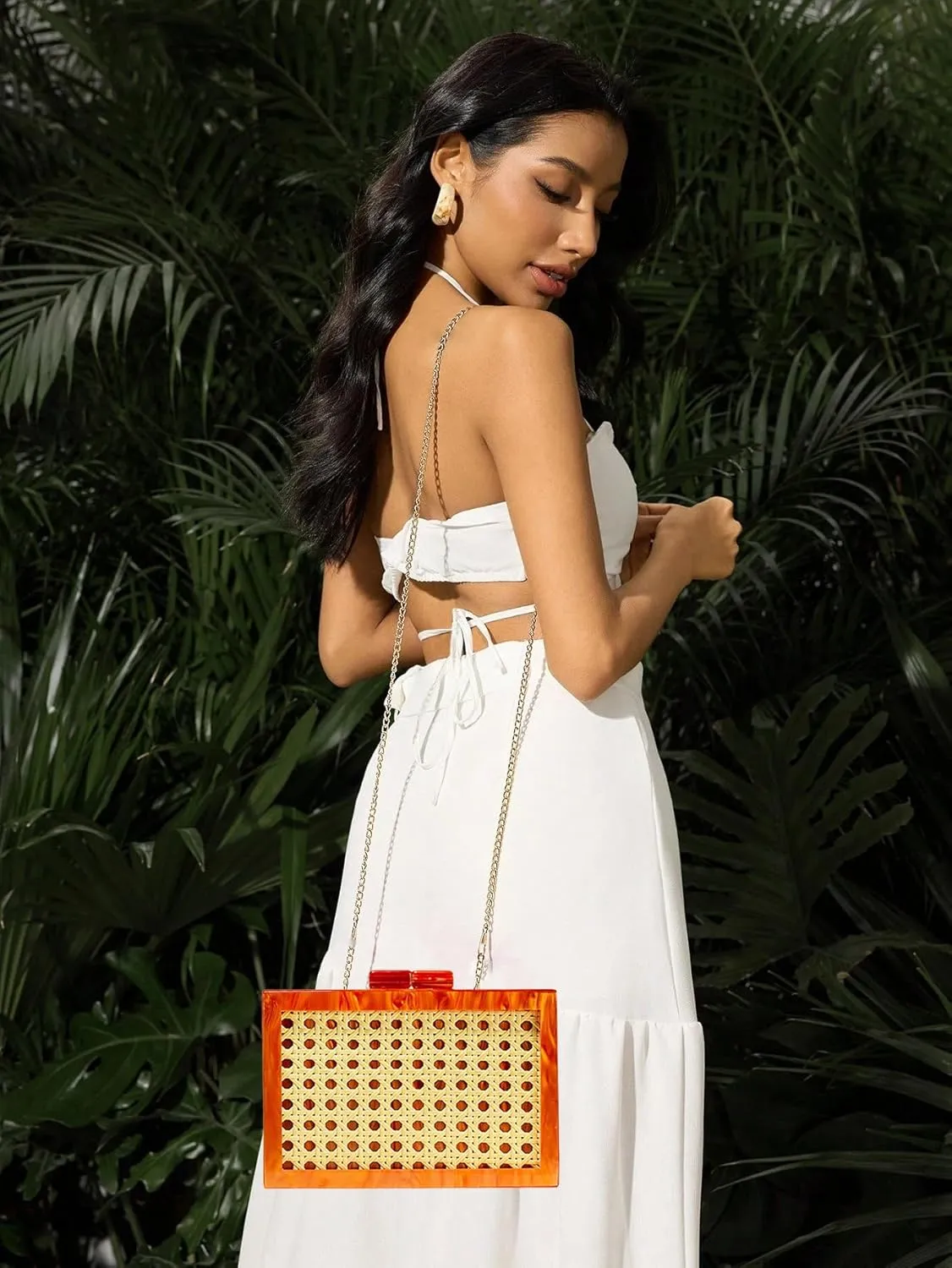 RomanticDesign Women Acrylic Handbag Rattan Woven Pattern Square Box Crossbody Handbag Shoulder Bag Chain Purse