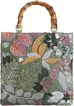 RomanticDesign Women Floral Embroidery Sequin Evening Bag with Bamboo Top-handle for Wedding Banquet Party