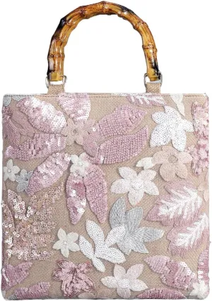 RomanticDesign Women Floral Embroidery Sequin Evening Bag with Bamboo Top-handle for Wedding Banquet Party