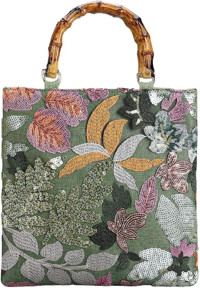 RomanticDesign Women Floral Embroidery Sequin Evening Bag with Bamboo Top-handle for Wedding Banquet Party