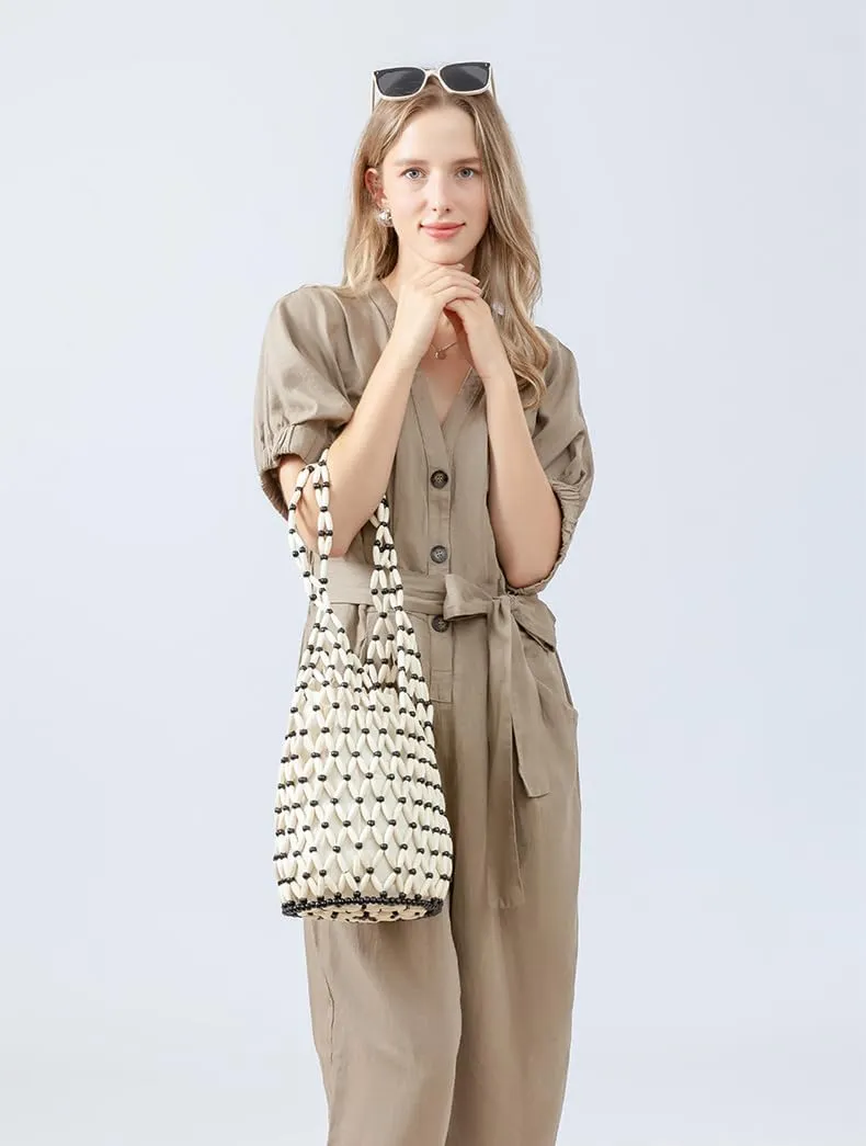 RomanticDesign Women Retro Wooden Handbag Woven Bead Tote Bag Hollow Out Beach Casual Bucket Purse