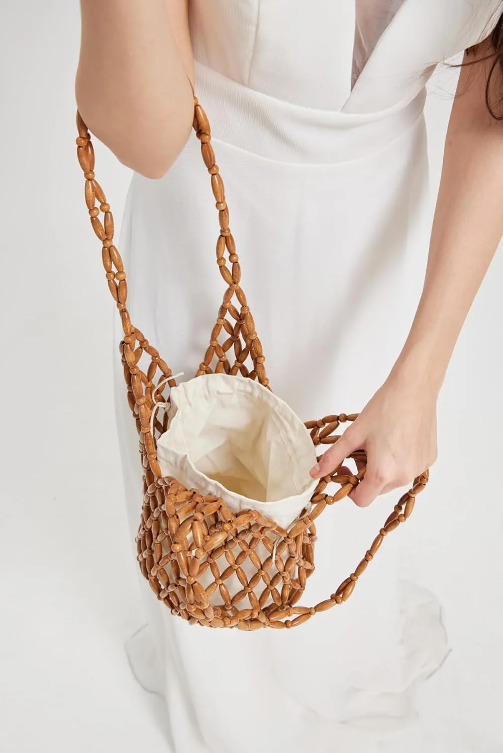 RomanticDesign Women Retro Wooden Handbag Woven Bead Tote Bag Hollow Out Beach Casual Bucket Purse