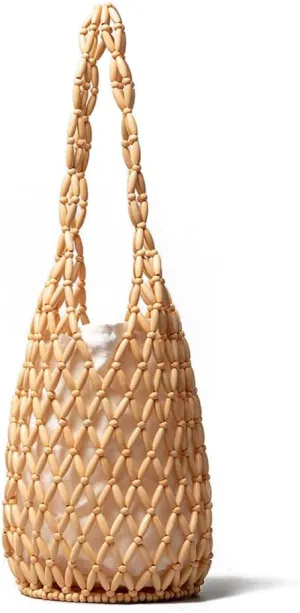 RomanticDesign Women Retro Wooden Handbag Woven Bead Tote Bag Hollow Out Beach Casual Bucket Purse