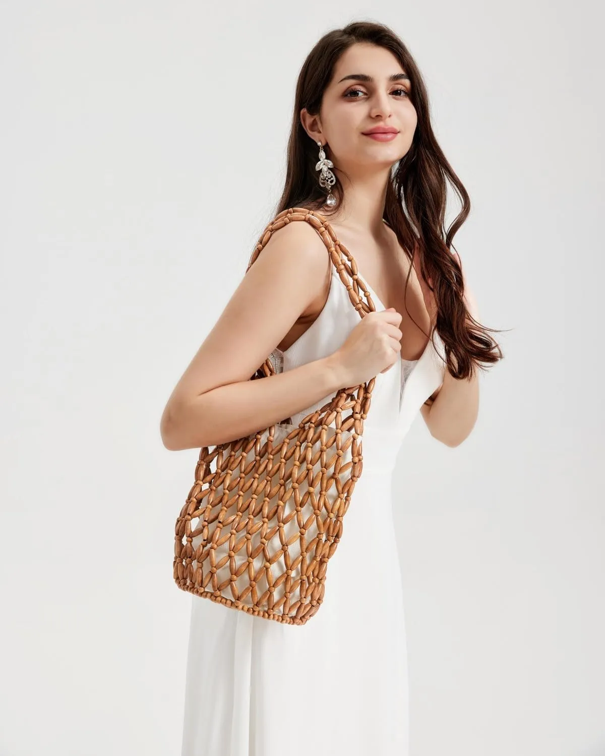 RomanticDesign Women Retro Wooden Handbag Woven Bead Tote Bag Hollow Out Beach Casual Bucket Purse