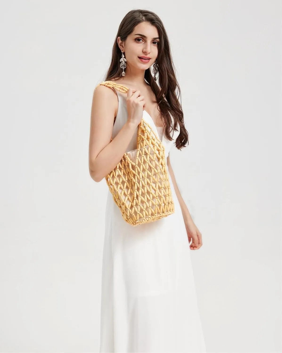 RomanticDesign Women Retro Wooden Handbag Woven Bead Tote Bag Hollow Out Beach Casual Bucket Purse