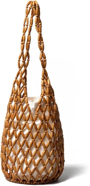 RomanticDesign Women Retro Wooden Handbag Woven Bead Tote Bag Hollow Out Beach Casual Bucket Purse