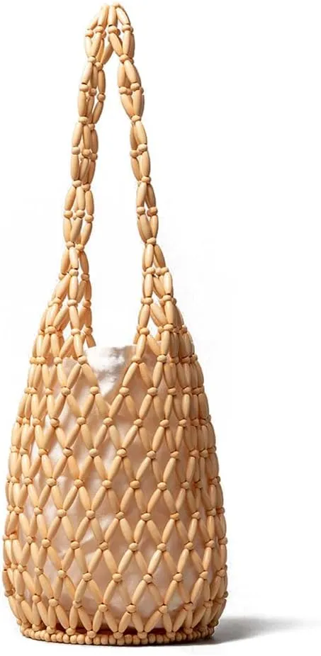 RomanticDesign Women Retro Wooden Handbag Woven Bead Tote Bag Hollow Out Beach Casual Bucket Purse