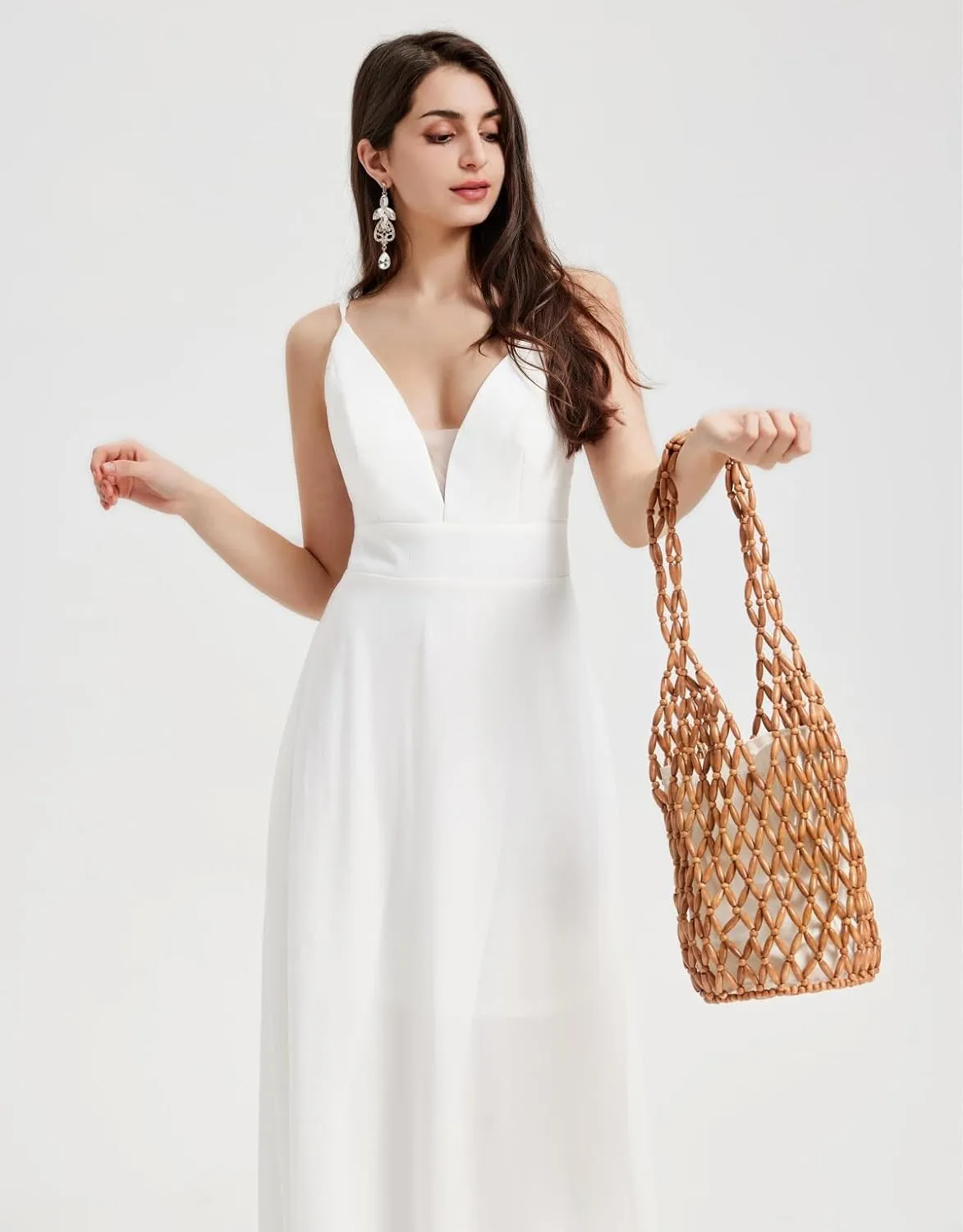 RomanticDesign Women Retro Wooden Handbag Woven Bead Tote Bag Hollow Out Beach Casual Bucket Purse